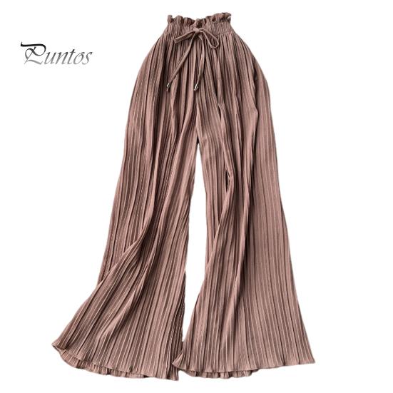 Женские брюки, эластичные брюки с высокой талией, регулируемый шнурок, плиссированные стильные широкие брюки, однотонные повседневные брюки