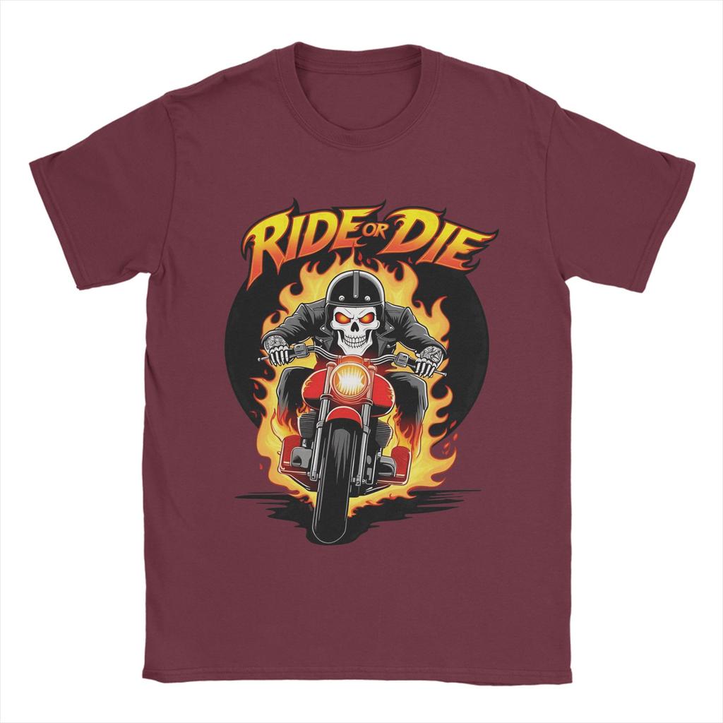 Унисекс Футболка Ride or Die Огненный Череп Байкерская Забавная Хлопковые Футболки С Коротким Рукавом Футболка С Круглым Вырезом Одежда Подарок