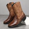 Модные мужские ковбойские сапоги большой ширины с высоким голенищем Осень 2025 из ПУ кожи, западные вышитые рабочие винтажные сапоги для верховой езды для улицы