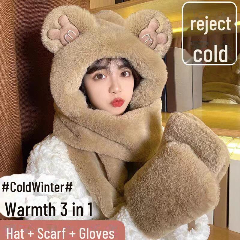 Зимний плюшевый комплект из трех предметов «Уши Микки»: Шапка, шарф и перчатки — толстые и теплые