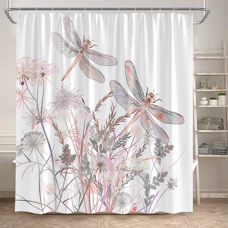Floral Dragonfly Shower Curtains Watercolour Dandelion Rustic Flower Plants Polyester Fabric Bathroom Curtain Decor With Hooks