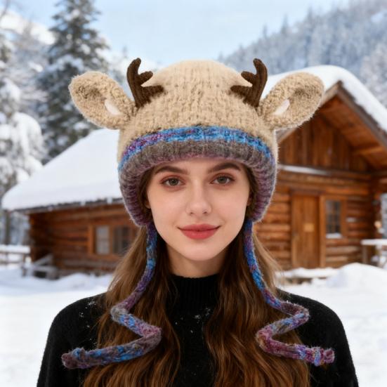 Рождественская шапка с рогами и защитой ушей, двухфункциональный дизайн, ручная работа, праздничная вязаная зимняя шапка, сумка, праздничный декор