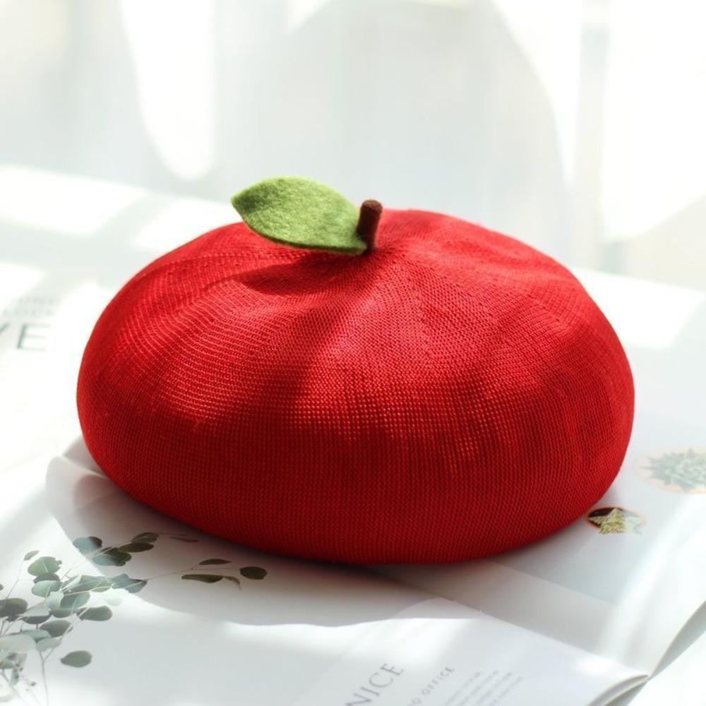 Red Apple Painter Hat Orange Shaped Knit Beret Japanese style Fruit Beret Autumn and Winter Warmth