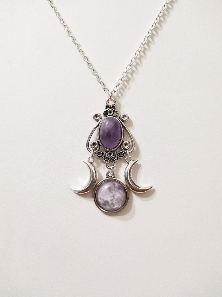 Personality Punk Sliver Color Triple Moon Goddess Round Oval Amethyst Pendant Necklace for Women Creative Charm Jewelry Gifts