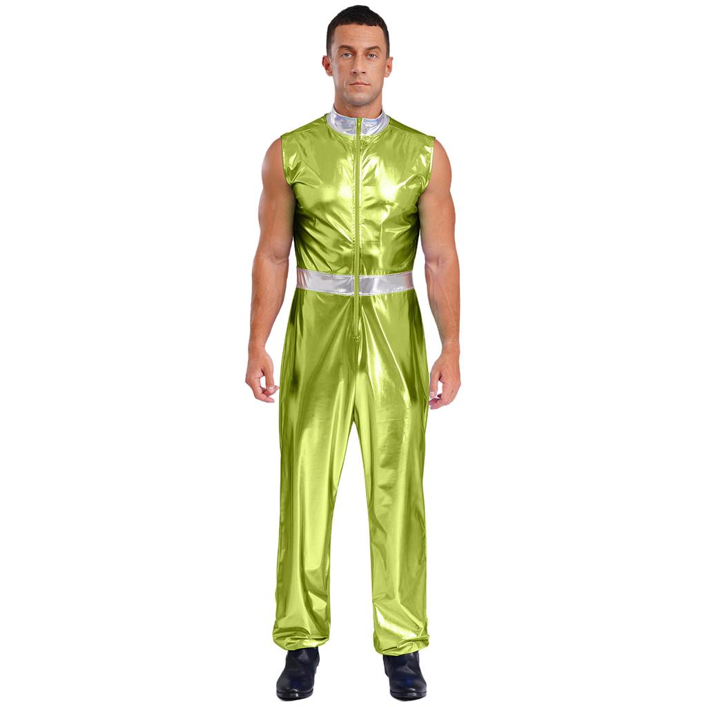 Mens Shiny Metallic Sleeveless Full Length Zipper Jumpsuit Bodysuit