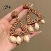 Handmade Boho Earrings Raffia Bohemian Dangle for Women, Wicker Rattan Triangle Drop Earrings, Summer Beach Jewelry Lightweight