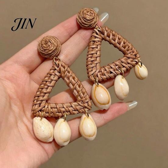 Handmade Boho Earrings Raffia Bohemian Dangle for Women, Wicker Rattan Triangle Drop Earrings, Summer Beach Jewelry Lightweight