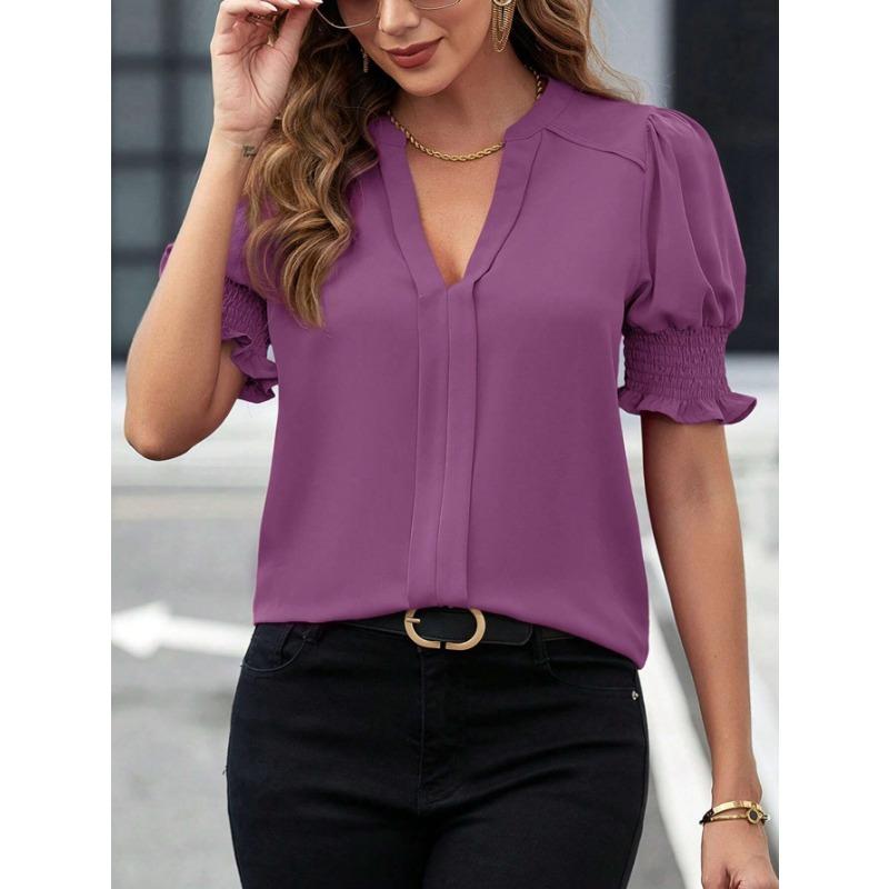 Summer Women's Shirt V-neck Temperament Bubble Sleeve Solid Colour Shirt Short Sleeve Top
