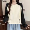 Women Casual Round Neck Contrast Color Long Sleeve Blouses