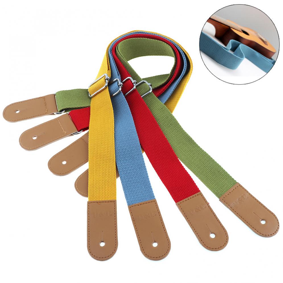 Adjustable Pure Cotton Colorful Ukulele GuitarStrap with Leather Head 4 Colors Optional