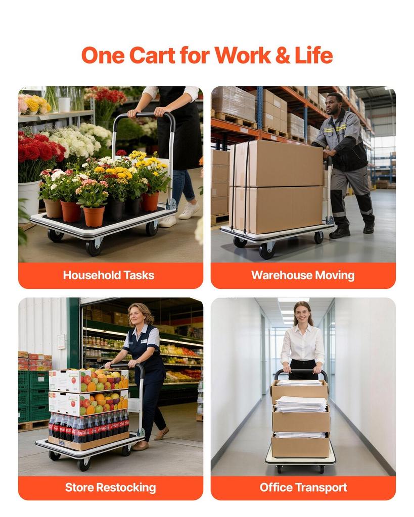 Foldable Push Cart Dolly, 299.37 kg Capacity, Folding Platform Truck with Swivel Wheels, Moving Platform Hand Truck Flatbed Cart, Space Saving Push