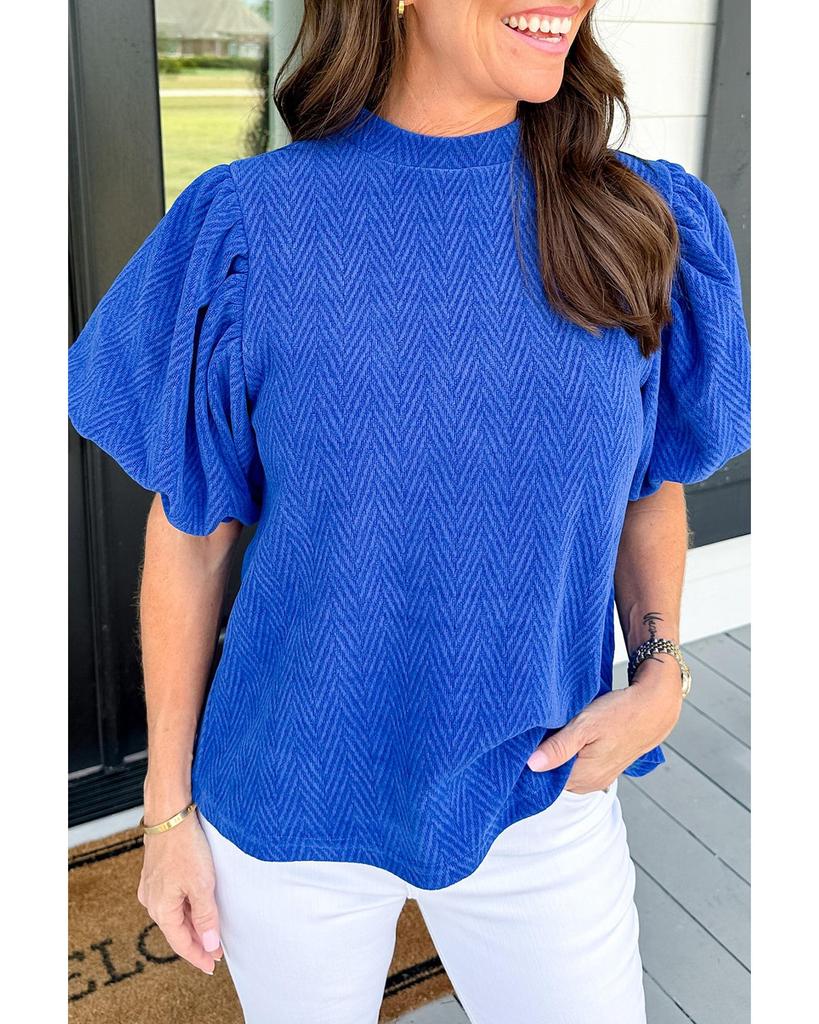 Azura Exchange Sky Blue Solid Textured Puff Sleeve Mock Neck Blouse