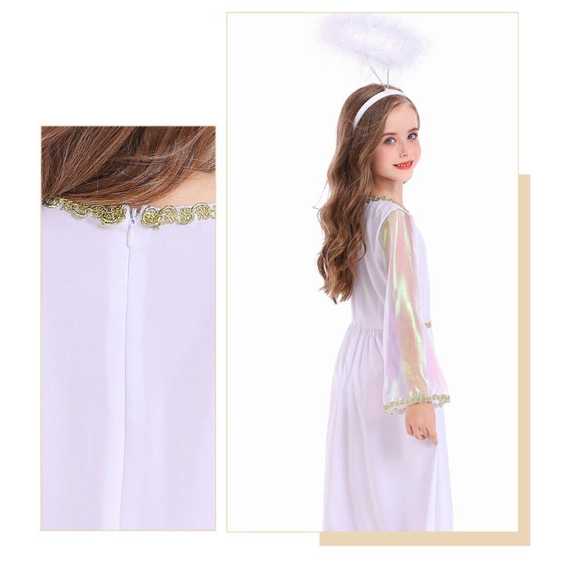 Elegant Long Sleeve Angel Dress With Gold Edging And Wing Attachments Costume Outfit Ideal For Stage Performances