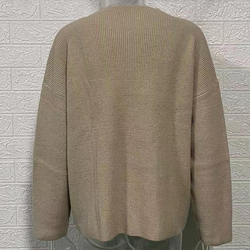 Sweater Women's Fashion Crew Neck Top Casual Long Sleeve Pocket Knitted Pullover