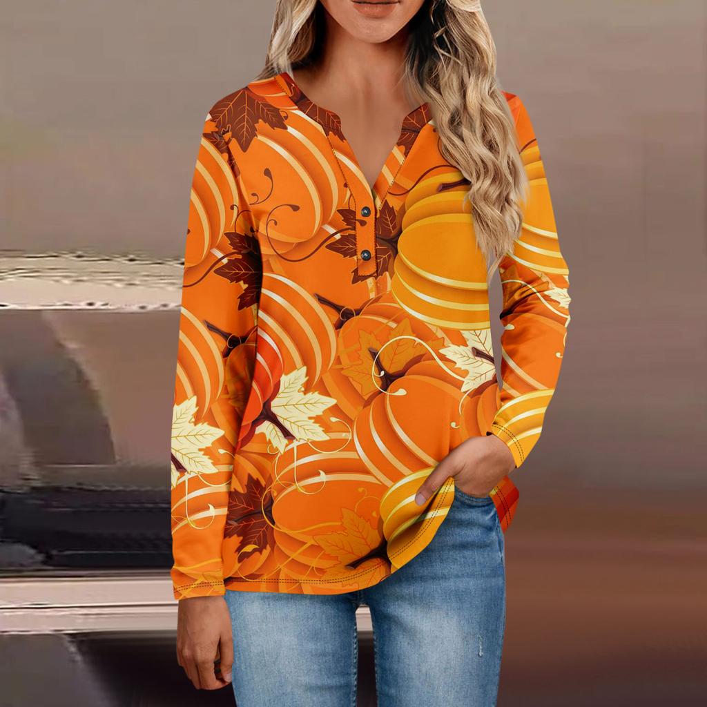 Women's Button Neck Tops Women's Casual Everyday Tops Long Sleeve V Neck Fashion Print Shirt Tops Pocket Tee Sweatshirts