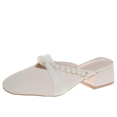 Тапочки осенью 2025 года новая нишевая сумка на голову французский жемчужный бант удобный и износостойкий средний каблук полуподнос