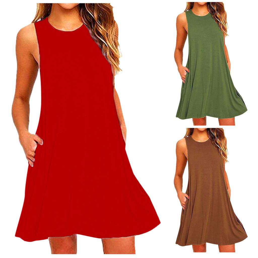 Women  Casual Pockets Sleeveless Above Knee Dress Loose Party Dress