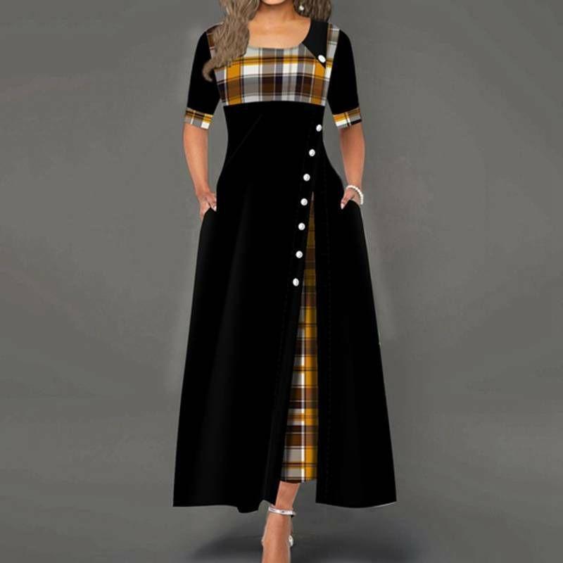 Women Casual Irregular Plaids Button Maxi Dress Half Sleeve Plus Dress Size