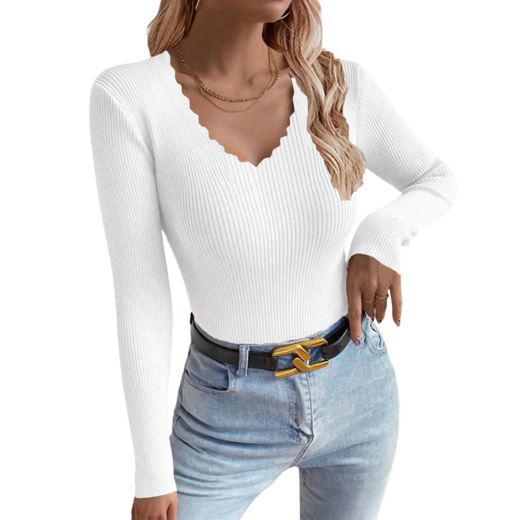 Women's V-neck Solid Color Long-sleeved Pullover Knitted Sweater Bottoming