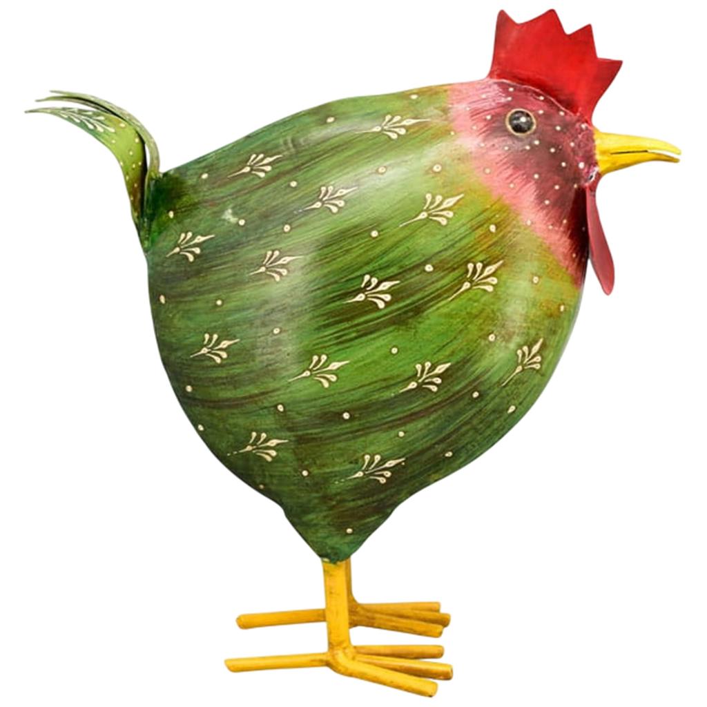 Green metal rooster - rustic decoration for home and garden