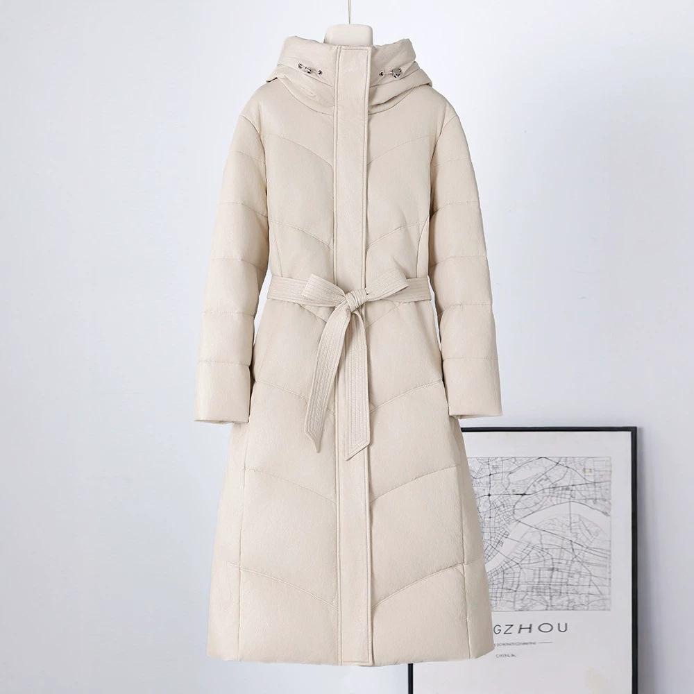 Down jacket women's coat medium and long fox fur collar hat white duck down leather jacket middle-aged