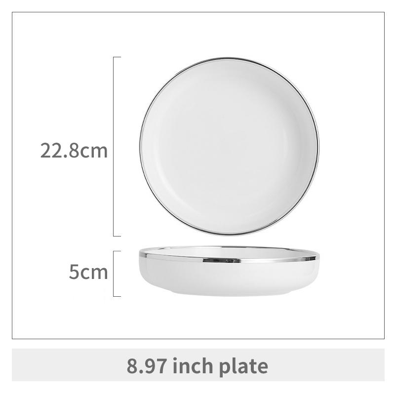 Белая серебряная фарфоровая тарелка для ужина, керамическая миска для салата, супа, пасты, стейка, столовая, домашняя кухня, посуда, украшение стола