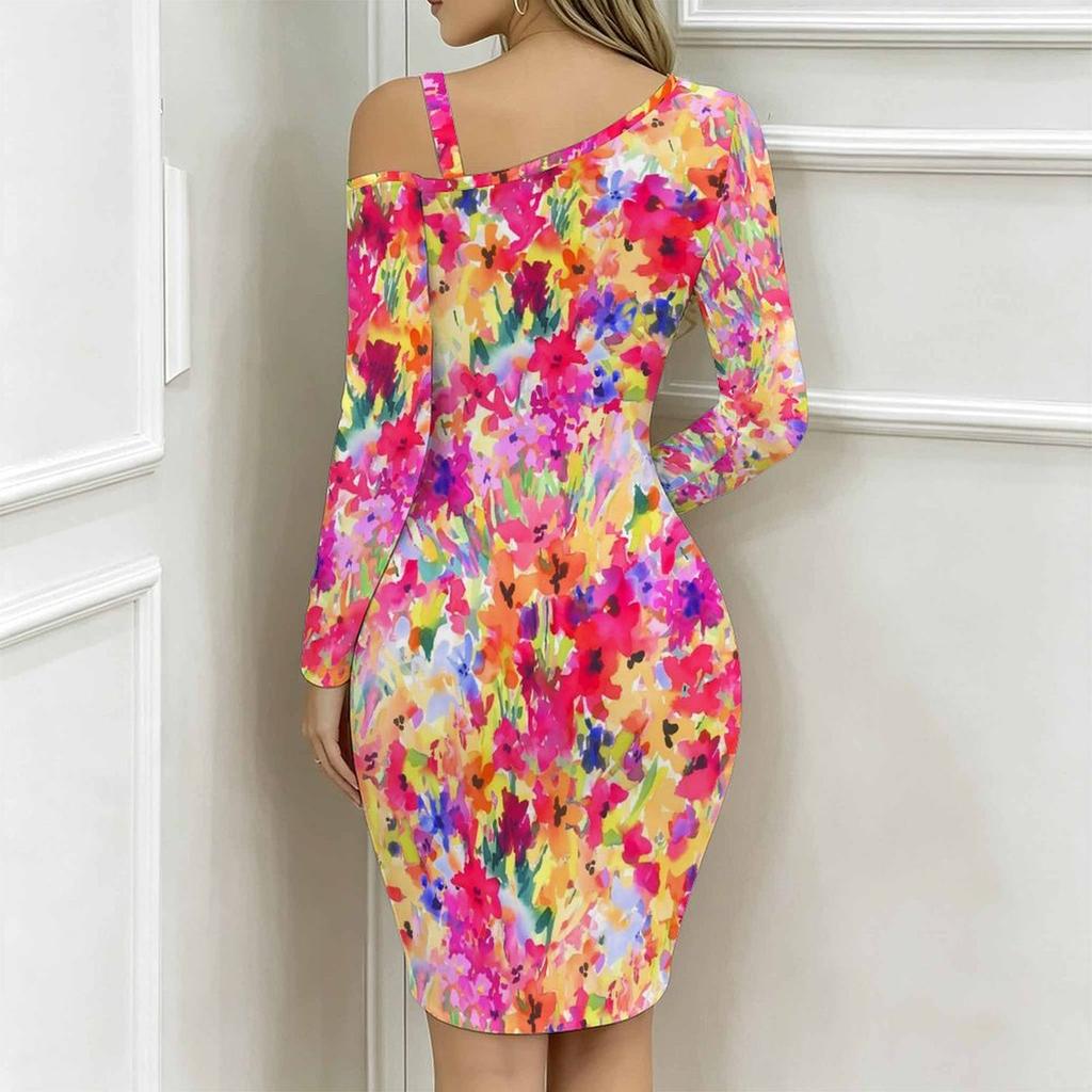 Women Plus Size One Shoulder Off Shoulder Vibrant Watercolor Floral Print Irregular Hem Bodycon Midi Dress