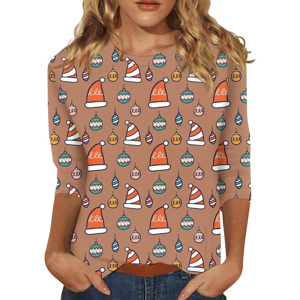 Женская мода повседневная рубашка с круглым вырезом и рождественским принтом, семь рукавов