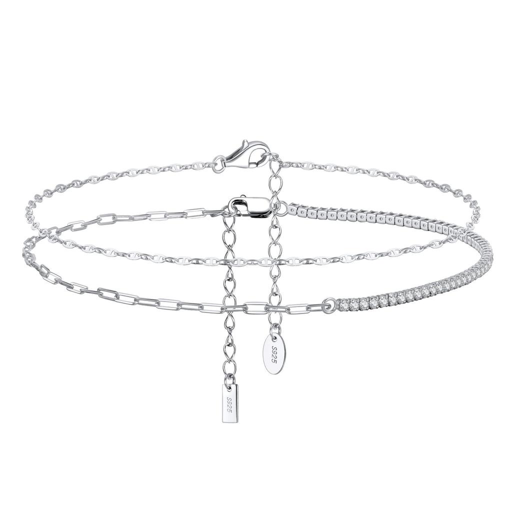 Jewellery S925 Sterling Silver Adjustable 1.5mm Tennis Chain Anklet 1.8*4.2mm Paperclip Chain.
