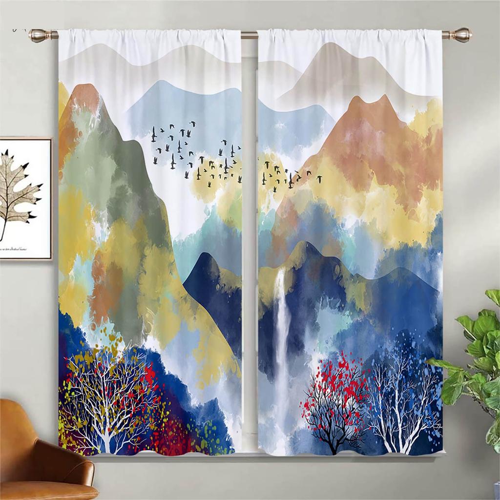 2 шт. штор в китайском стиле с принтом цветущей вишни, солнца, реки, пейзажа, шторы для гостиной, кухни, спальни, декор окна