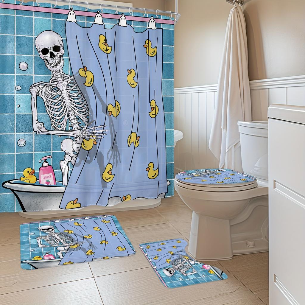 1/4 Pcs - Funny Blue Skull Shower Curtain Set, Non-Slip Bathroom Floor Mat, Toilet U-Shaped Mat, Cover Mat, Home Decor Gift