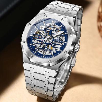 Модные мужские механические часы с большим циферблатом, автоматические, из нержавеющей стали, деловые, для платья, наручные для мужчин