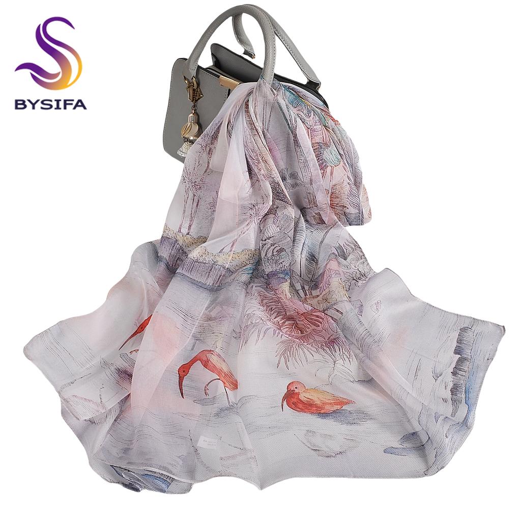 [BYSIFA] Women Chiffon Pure Silk Scarf Cherry Blossom Floral Design Long 100% Silk Shawl Scarf Purple Pink Silk Scarves Echarpes