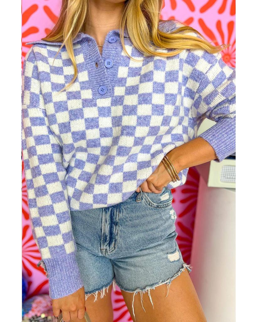 Azura Exchange Фиолетовый клетчатый воротник с пуговицами большого размера свитер