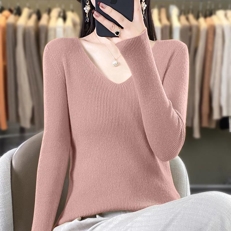 2024 Spring/Autumn Women's Slim Fit V-Neck Long Sleeve Knitwear - Korean Style Trendy Base Layer