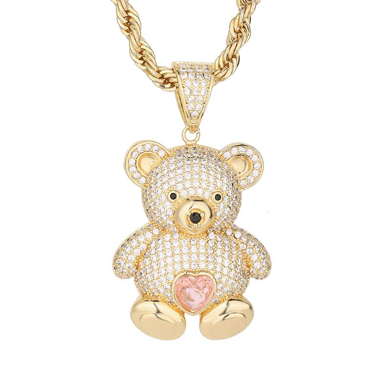 Cute Fashion Jewelry 14k Gold Plated Cubic Zirconia Pink Diamond Heart Shape Brass Bear Pendant Necklace Women Gift
