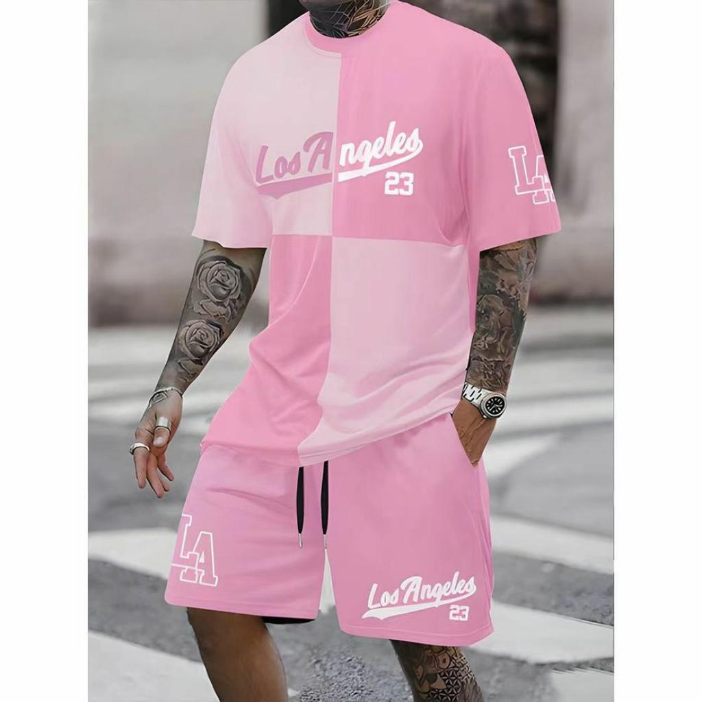 Простой новый летний мужской костюм с 3D-принтом и буквами, шорты с короткими рукавами, простая футболка с такими же принтованными шортами, комплект из двух предметов