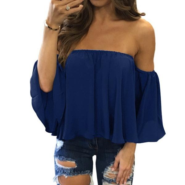 Модные женские топы с открытыми плечами, облегающие грудь, сексуальные шифоновые топы с лямкой через шею, свободные футболки с длинным рукавом