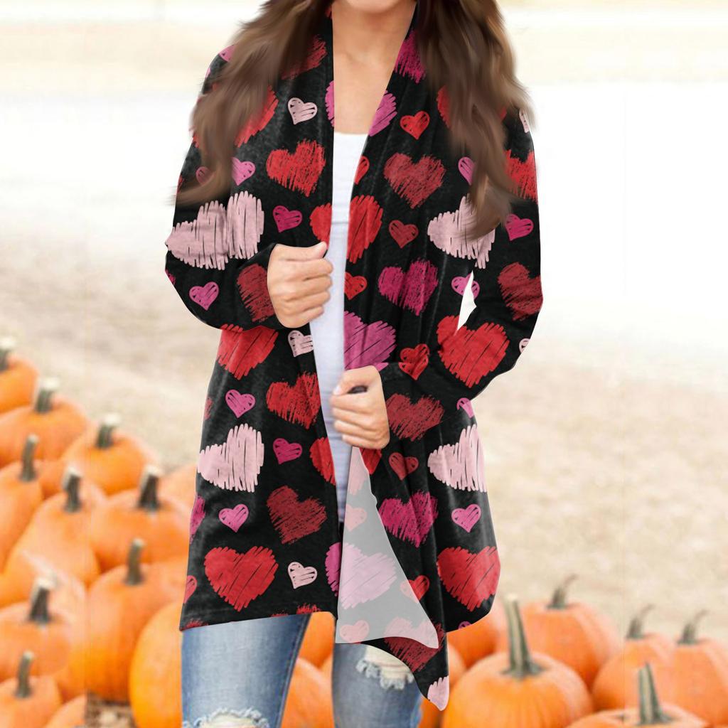 Женский повседневный кардиган с длинными рукавами и принтом ко Дню святого Валентина без карманов, верхнее пальто