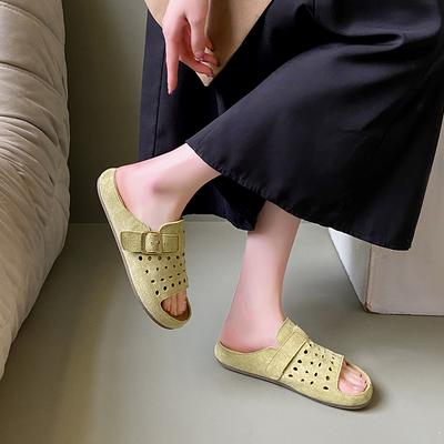 Обувь для женщин 2025 Новые женские шлепанцы с открытым носком для улицы, пляжа, повседневной носки, летние, с ремешком и пряжкой, удобные плоские шлепанцы