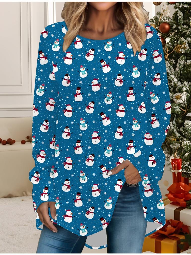 Plus Size Women Spring Christmas Snowman Printed Comfy Long Sleeve Round Collar T-shirt Casual Baggy Mid Length Tee Tops