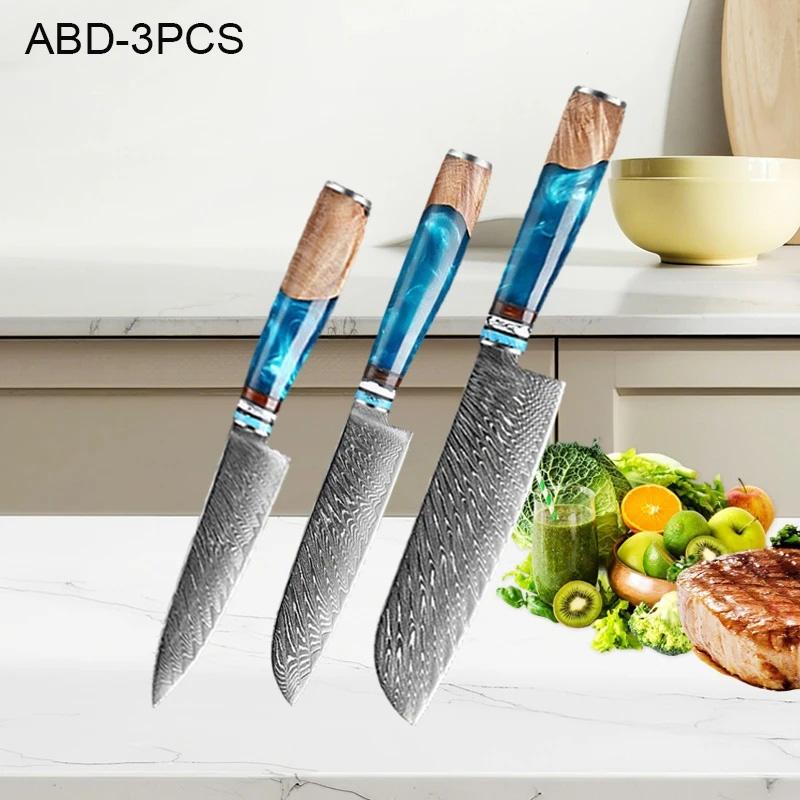 WXCOO 1-6pcs Damascus Steel Kitchen Knives Set Professional Japanese Santoku Knife Fruit Paring Utility Handle Blue Resin Set