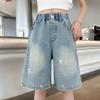 Джинсовые шорты для девочек, летние тонкие шорты с рисунком в стиле граффити, детские летние укороченные брюки среднего размера