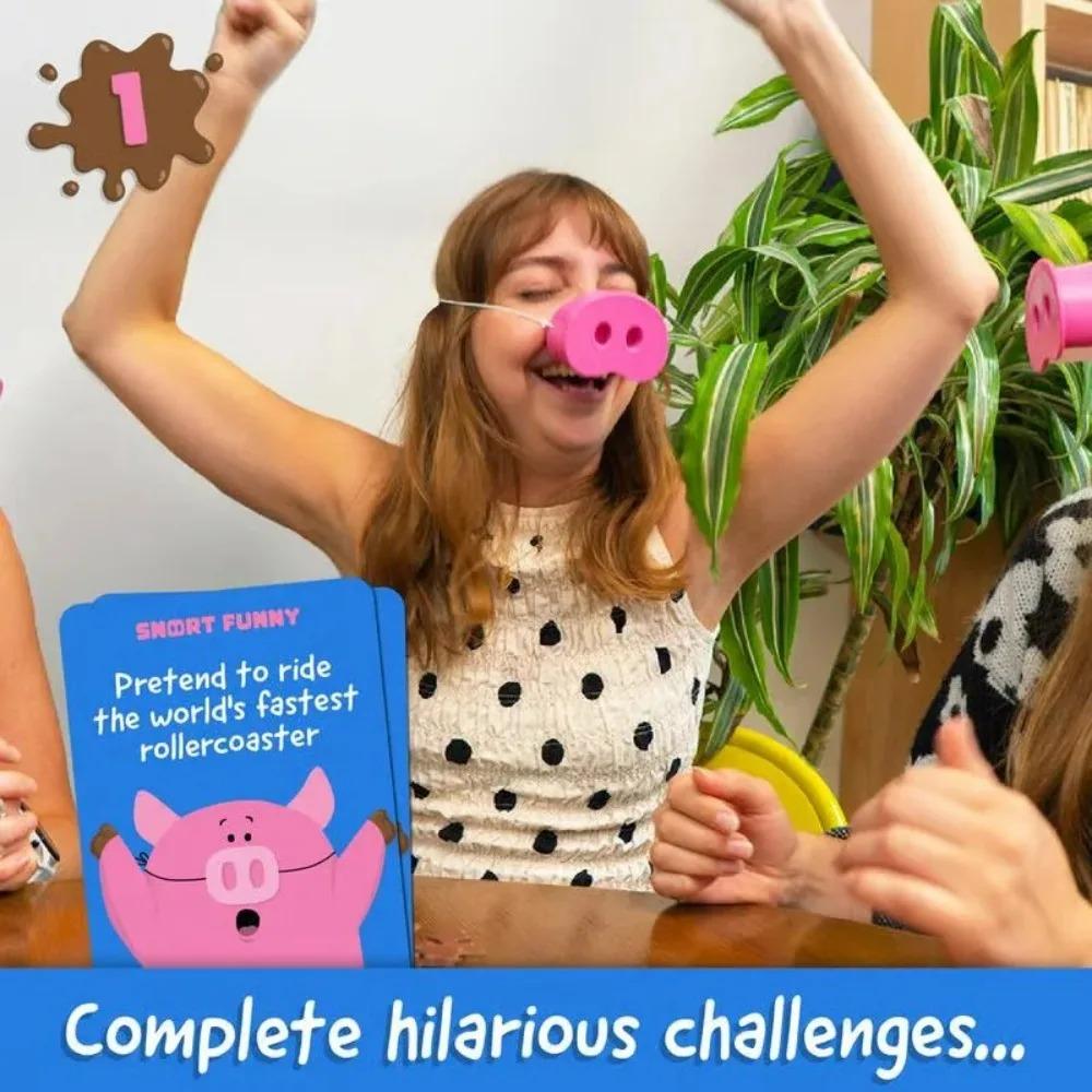 -Потрясающая вечериночная игра «Смех проиграл», Забавная настольная игра со хрюканьем для семьи и друзей, 5 игрушечных свиных пятачков и карточки с заданиями