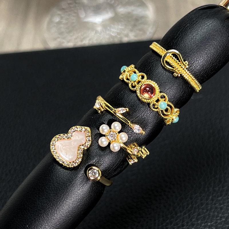 Vintage court style high-end gourd fingertip colorful flower pearl ring femininity mix and match fashion index finger ring