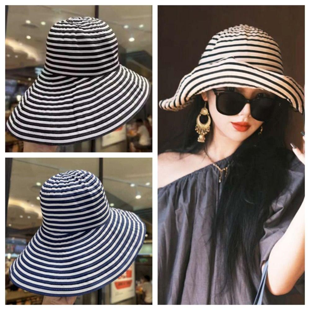 Contrast Color Foldable Beach Sun Cap Simple Roll Edge Fisherman Hat Striped Bucket Hat Summer