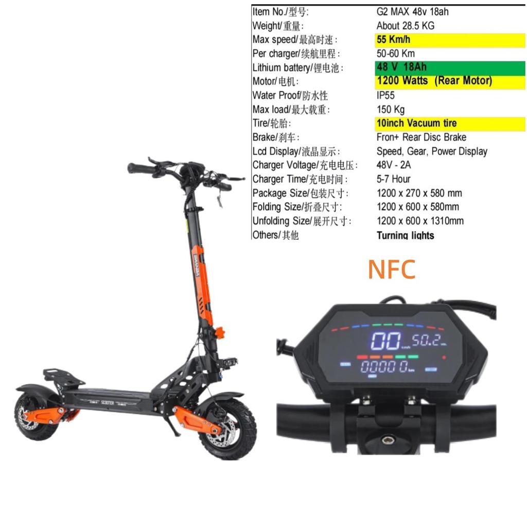 G2 MAX 1200W 48V 21ah 55 KM/H electric scooter, foldable, with seat, for city and off-road use E Scooter