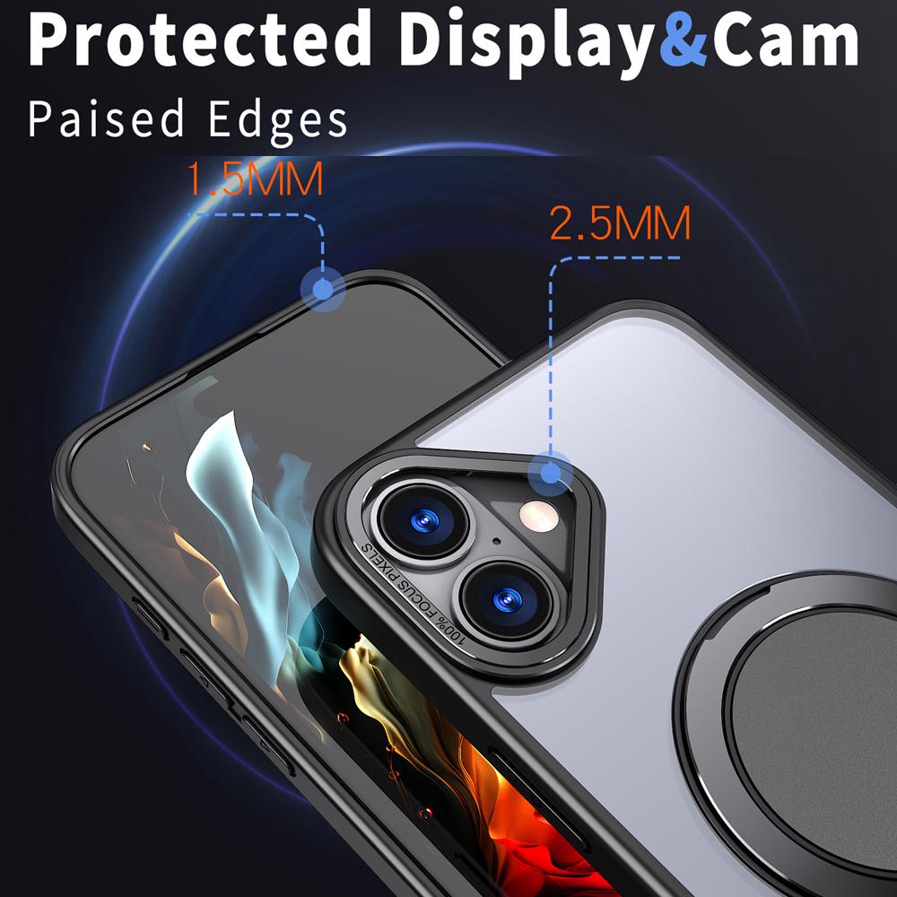 KEYSION Противоударный матовый чехол для MagSafe для iPhone 16 16 Plus с вращающимся на 360 ° магнитным кольцом-подставкой, прозрачная задняя крышка для телефона
