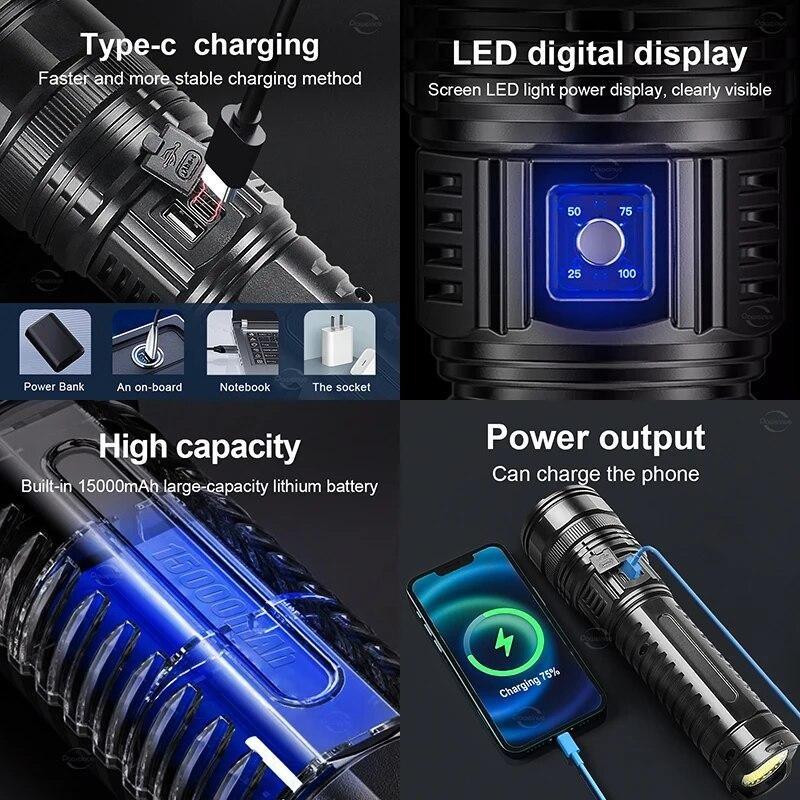 High Power LED Flashlight Powerful Long Range Spotlight Torch Lantern Built-in Rechargeable Battery for Outdoor Camping Hiking Emergency Lighting