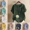 Women's Fashion Flower Prined Round Neck Short Sleeve T-shirt Casual Cotton Linen Graphic Shirt Leisure Loose Summer Blouse Tops